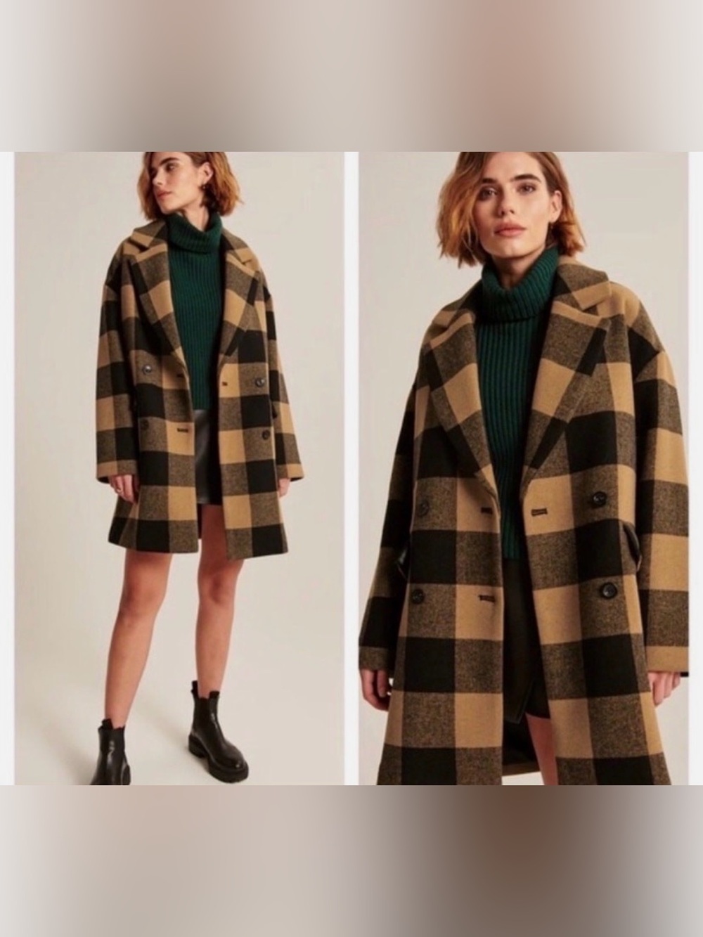 Abercrombie & Fitch wool blend Oversized Pea Coat Brown Black Plaid small petite